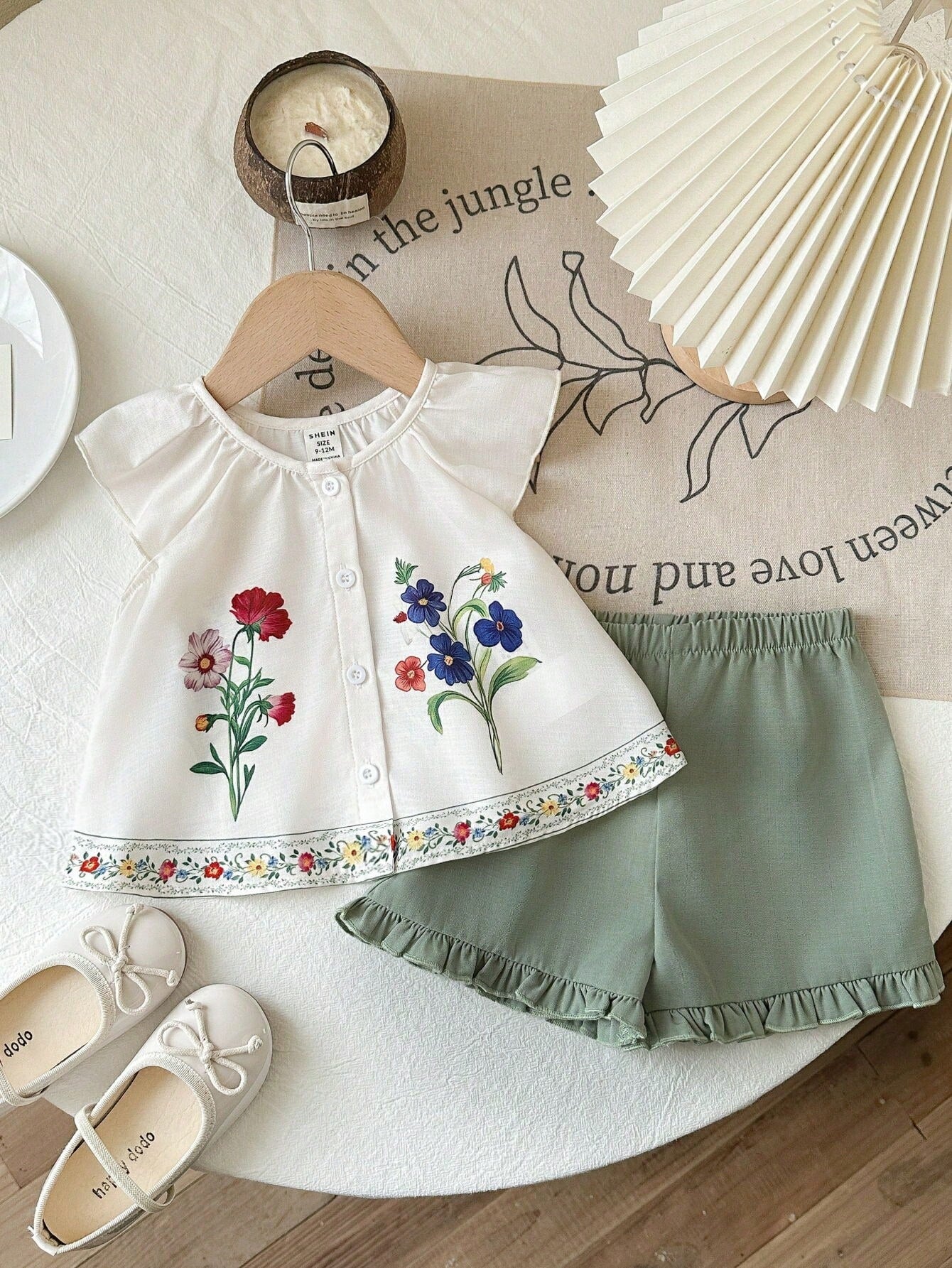 Girls Floral Embroidered Ruffle Top & Shorts Set - Ivory