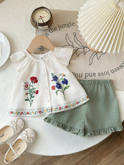 Girls Floral Embroidered Ruffle Top & Shorts Set - Ivory