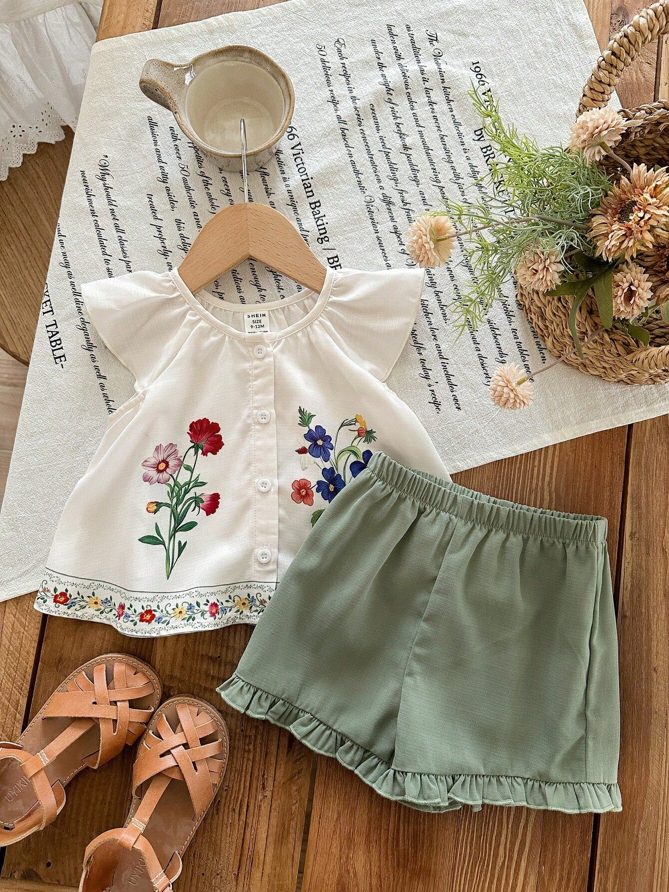 Girls Floral Embroidered Ruffle Top & Shorts Set - Ivory