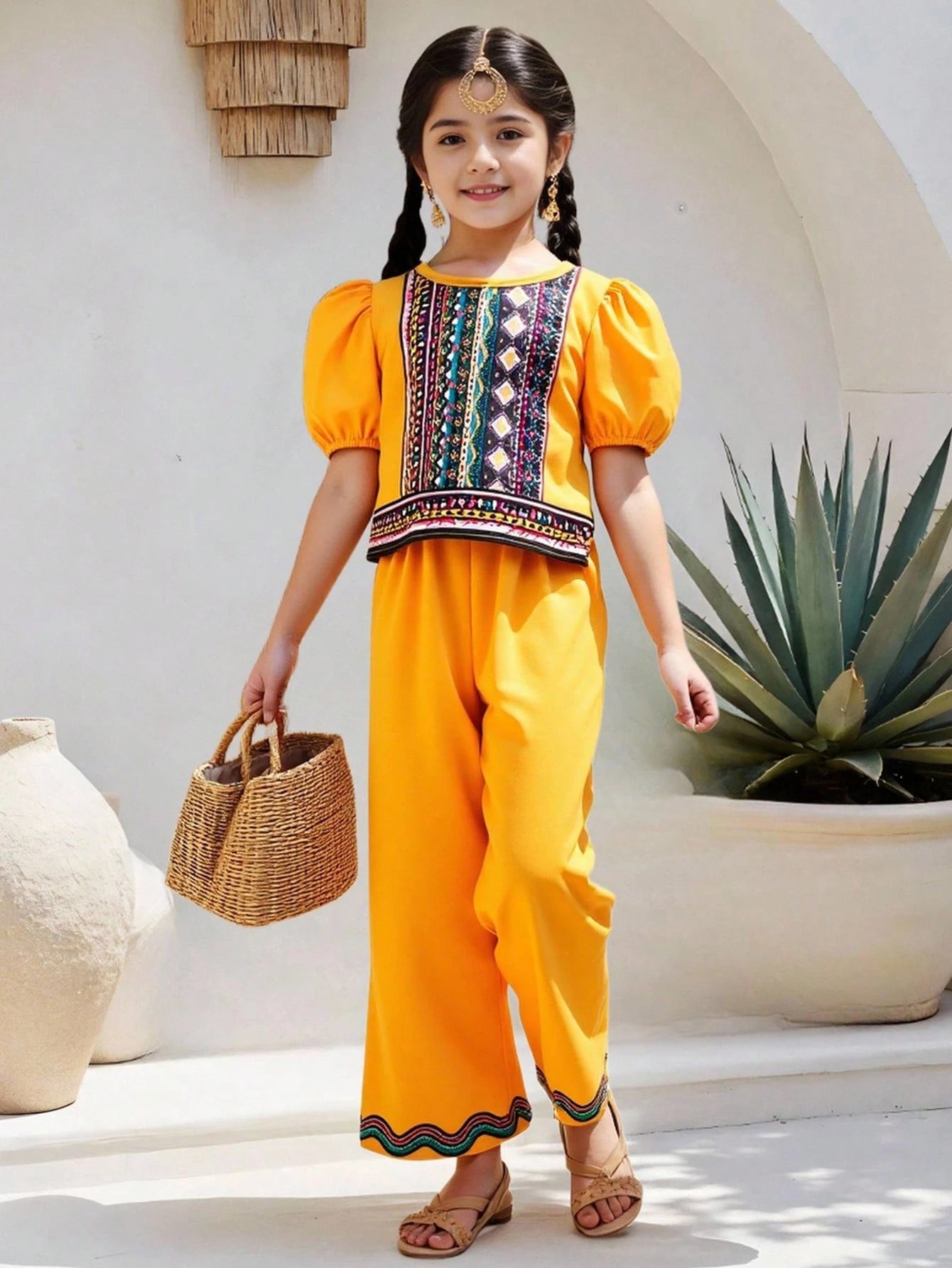 2pcs Little Girls Aztec Print Puff Sleeve Top & Pants Set - Saffron...