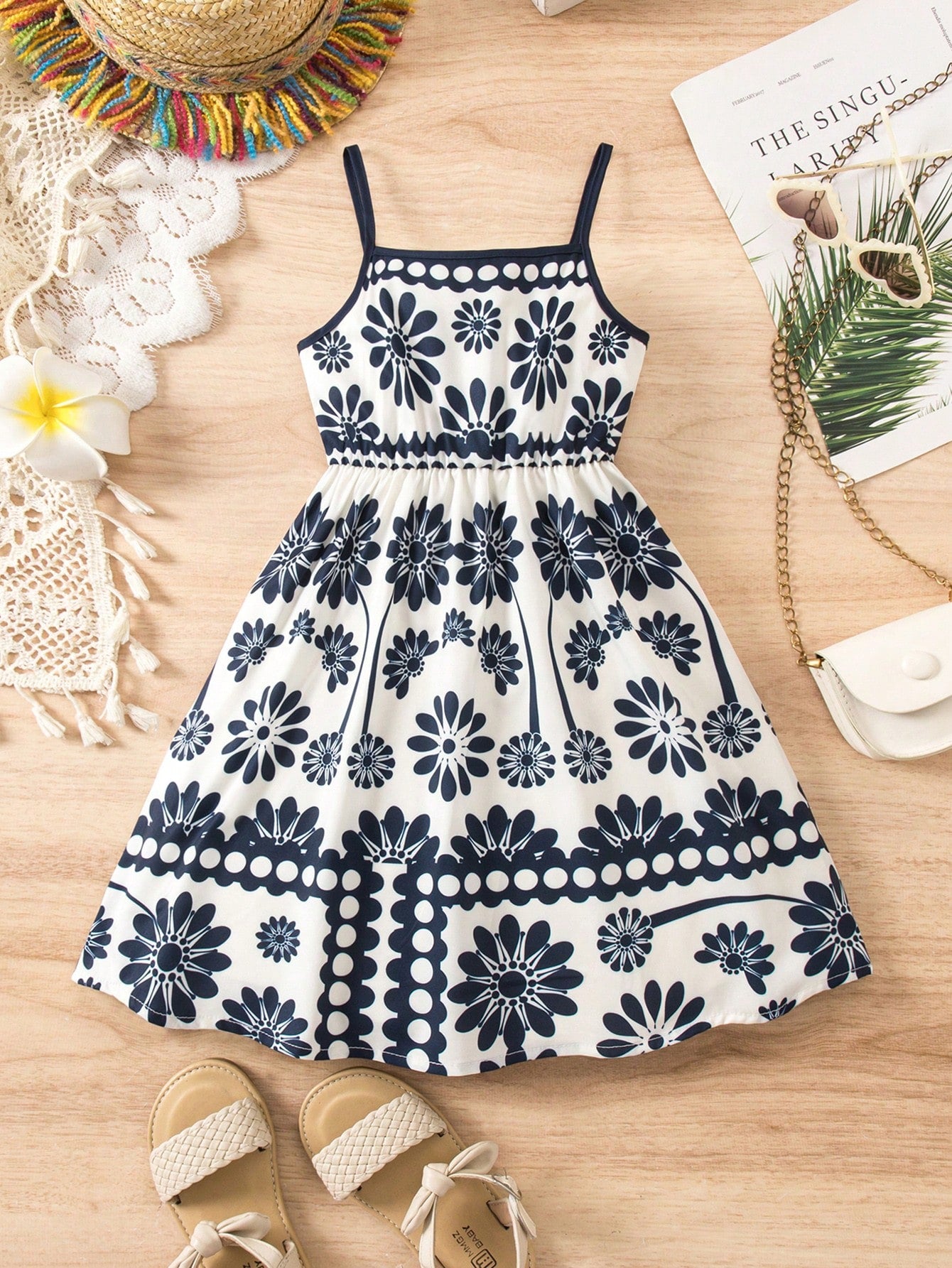 Girls Floral Print Spaghetti Strap Flared Sundress - Ivory | 21 Cen...
