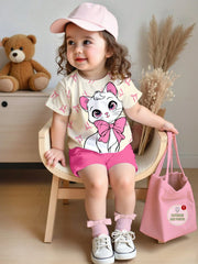 2pcs Girls Bow Kitty Print Tee & Shorts Set - Ecru