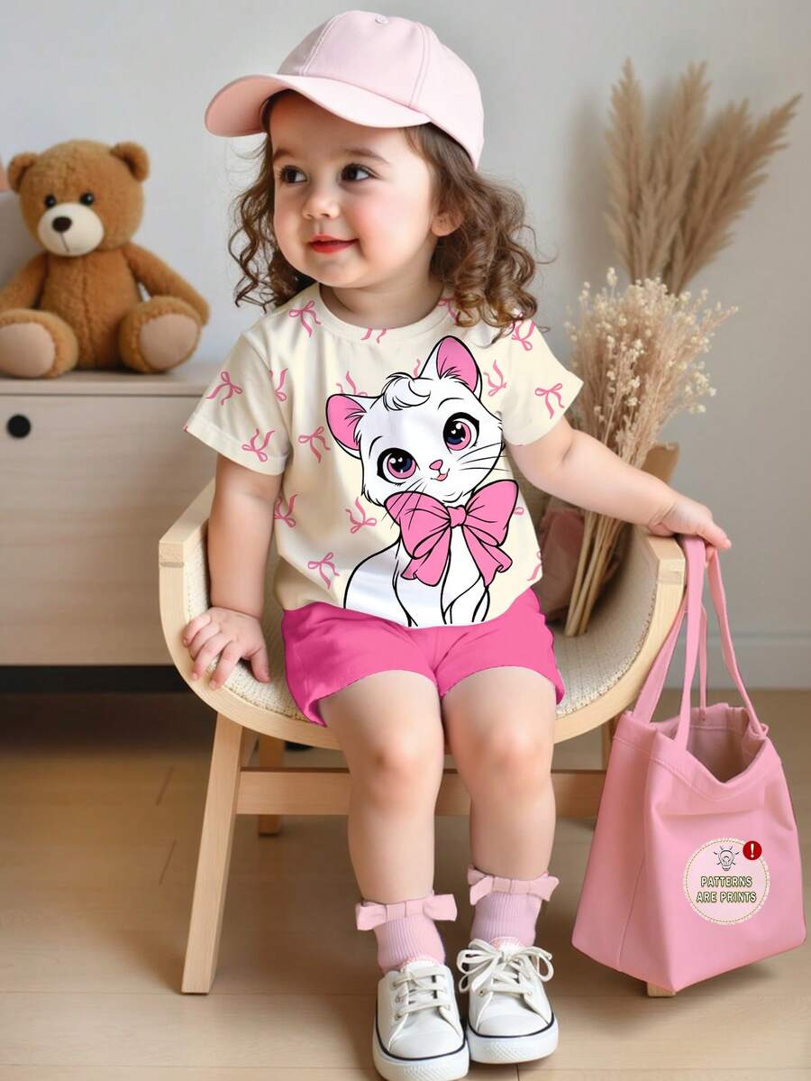 2pcs Girls Bow Kitty Print Tee & Shorts Set - Ecru