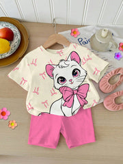 2pcs Girls Bow Kitty Print Tee & Shorts Set - Ecru