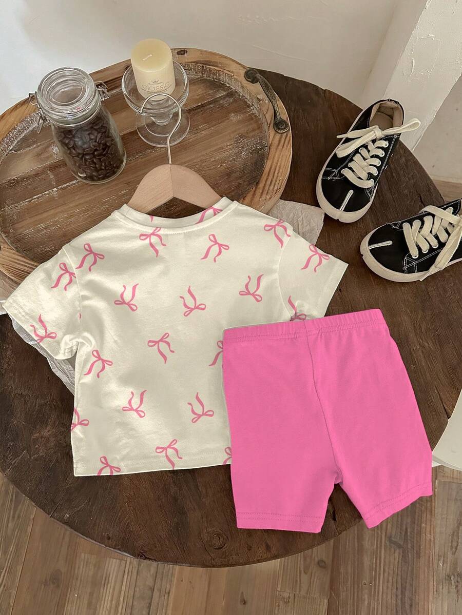 2pcs Girls Bow Kitty Print Tee & Shorts Set - Ecru