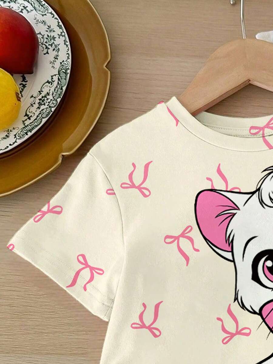 2pcs Girls Bow Kitty Print Tee & Shorts Set - Ecru