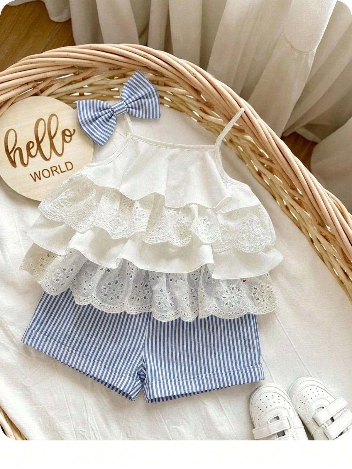 2pcs Girls Tiered Eyelet Lace Camisole & Stripe Shorts Set - Ivory ...