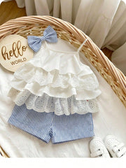 2pcs Girls Tiered Eyelet Lace Camisole & Stripe Shorts Set - Ivory ...