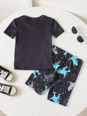 2pcs Little Boys Glow-In-The-Dark Dinosaur Tee & Shorts Set - Onyx