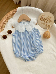 Baby Girls Eyelet Collar Striped Sleeveless Bodysuit - Cerulean
