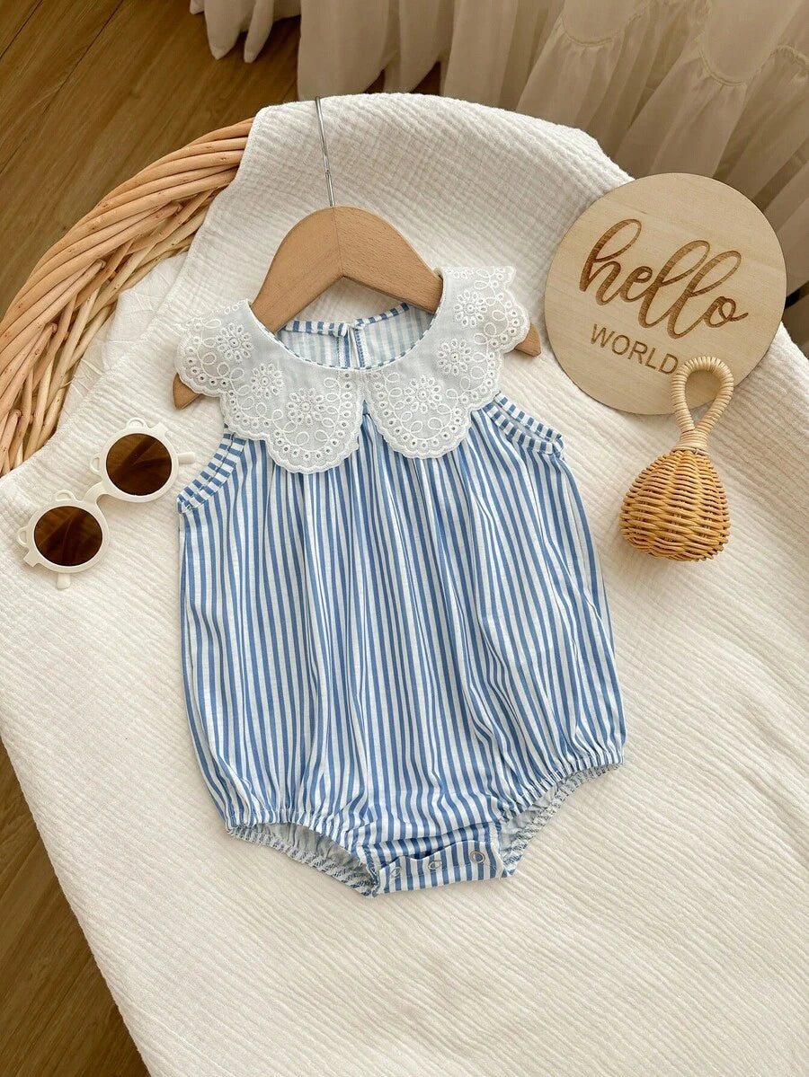 Baby Girls Eyelet Collar Striped Sleeveless Bodysuit - Cerulean