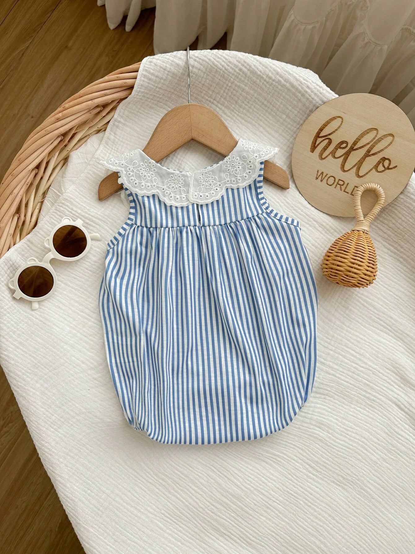 Baby Girls Eyelet Collar Striped Sleeveless Bodysuit - Cerulean