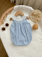 Baby Girls Eyelet Collar Striped Sleeveless Bodysuit - Cerulean