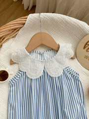 Baby Girls Eyelet Collar Striped Sleeveless Bodysuit - Cerulean