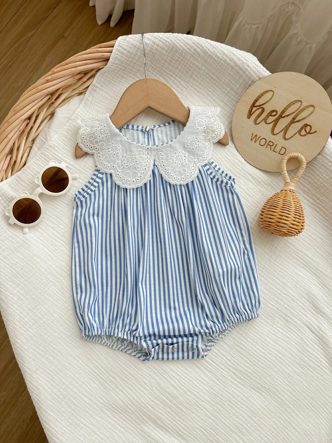 Baby Girls Eyelet Collar Striped Sleeveless Bodysuit - Cerulean