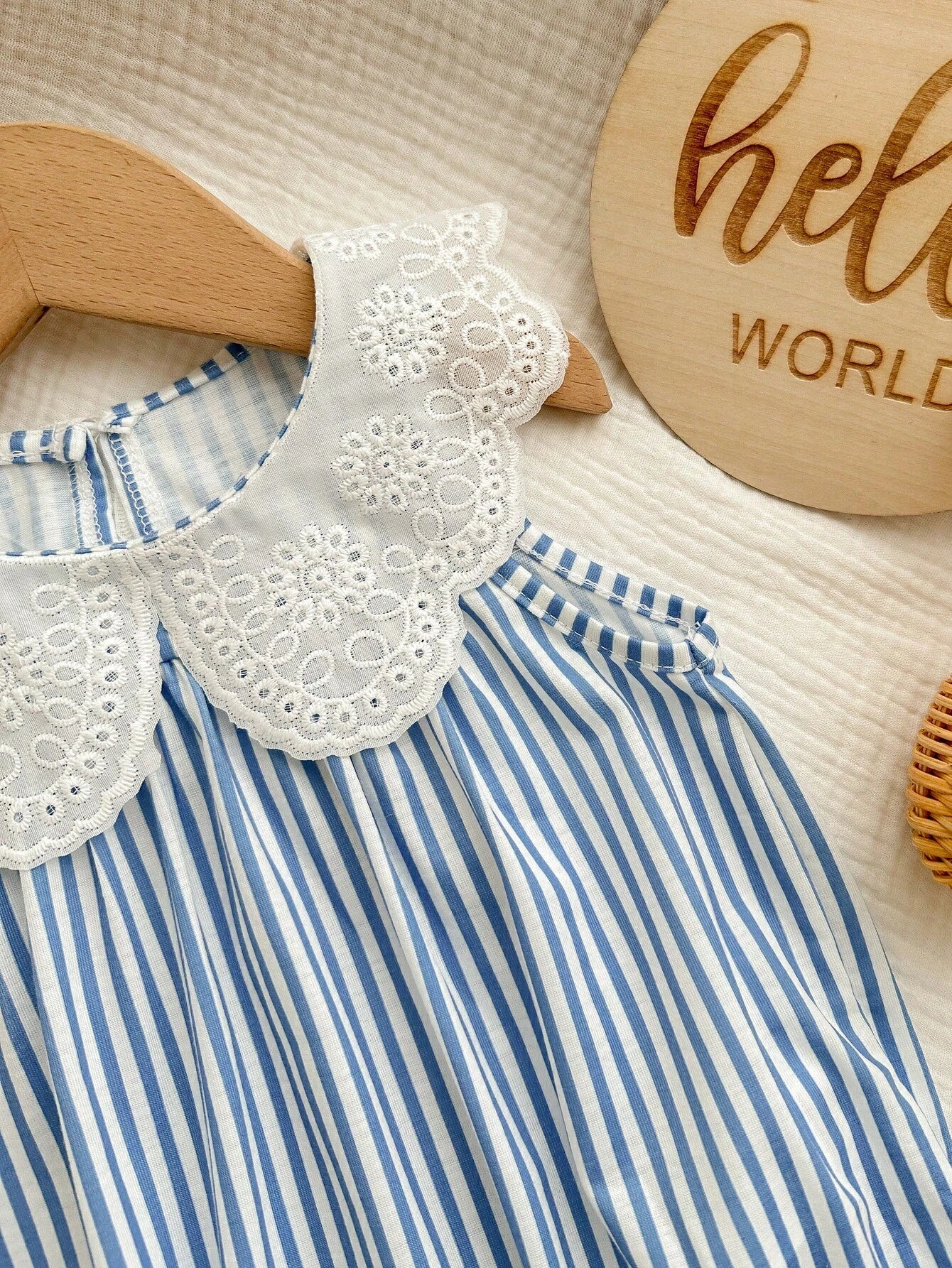 Baby Girls Eyelet Collar Striped Sleeveless Bodysuit - Cerulean
