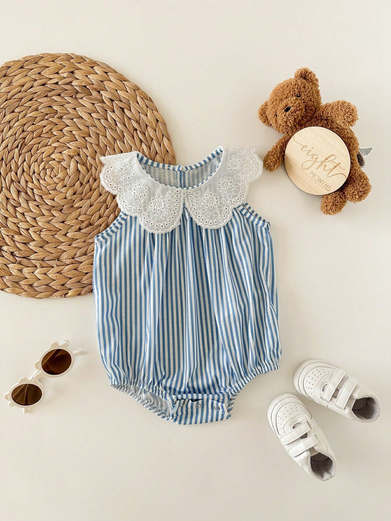 Baby Girls Eyelet Collar Striped Sleeveless Bodysuit - Cerulean