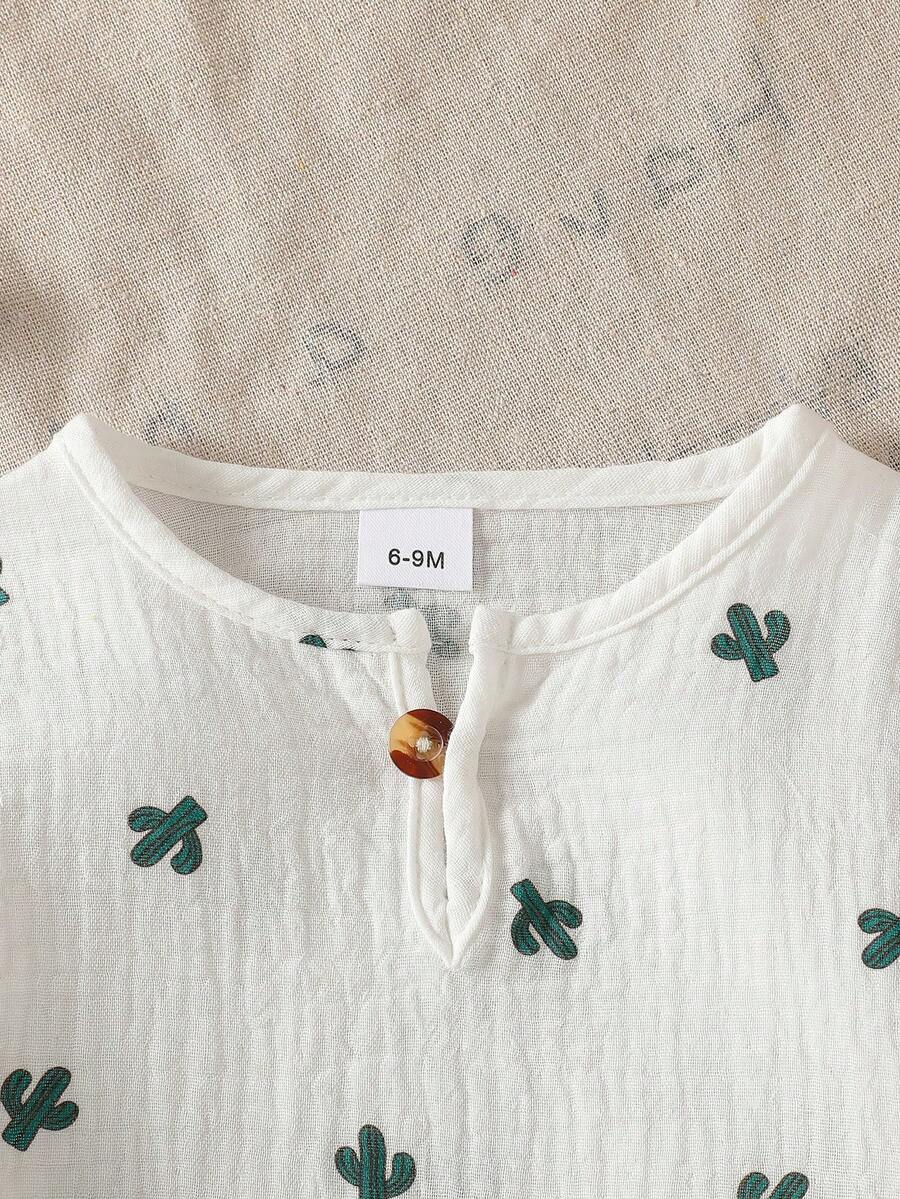 Boys Cactus Print Crepe Henley Tee & Shorts Set - Ivory