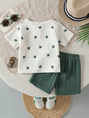 Boys Cactus Print Crepe Henley Tee & Shorts Set - Ivory