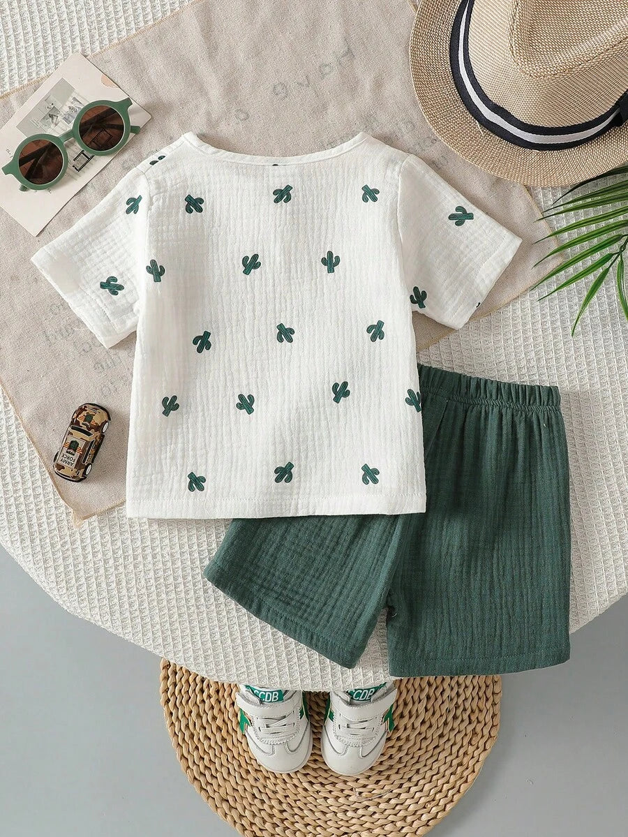 Boys Cactus Print Crepe Henley Tee & Shorts Set - Ivory