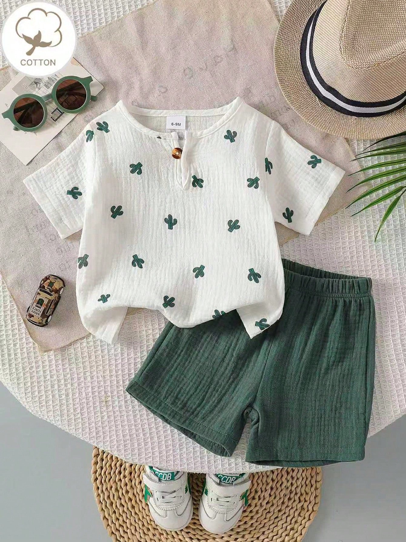 Boys Cactus Print Crepe Henley Tee & Shorts Set - Ivory