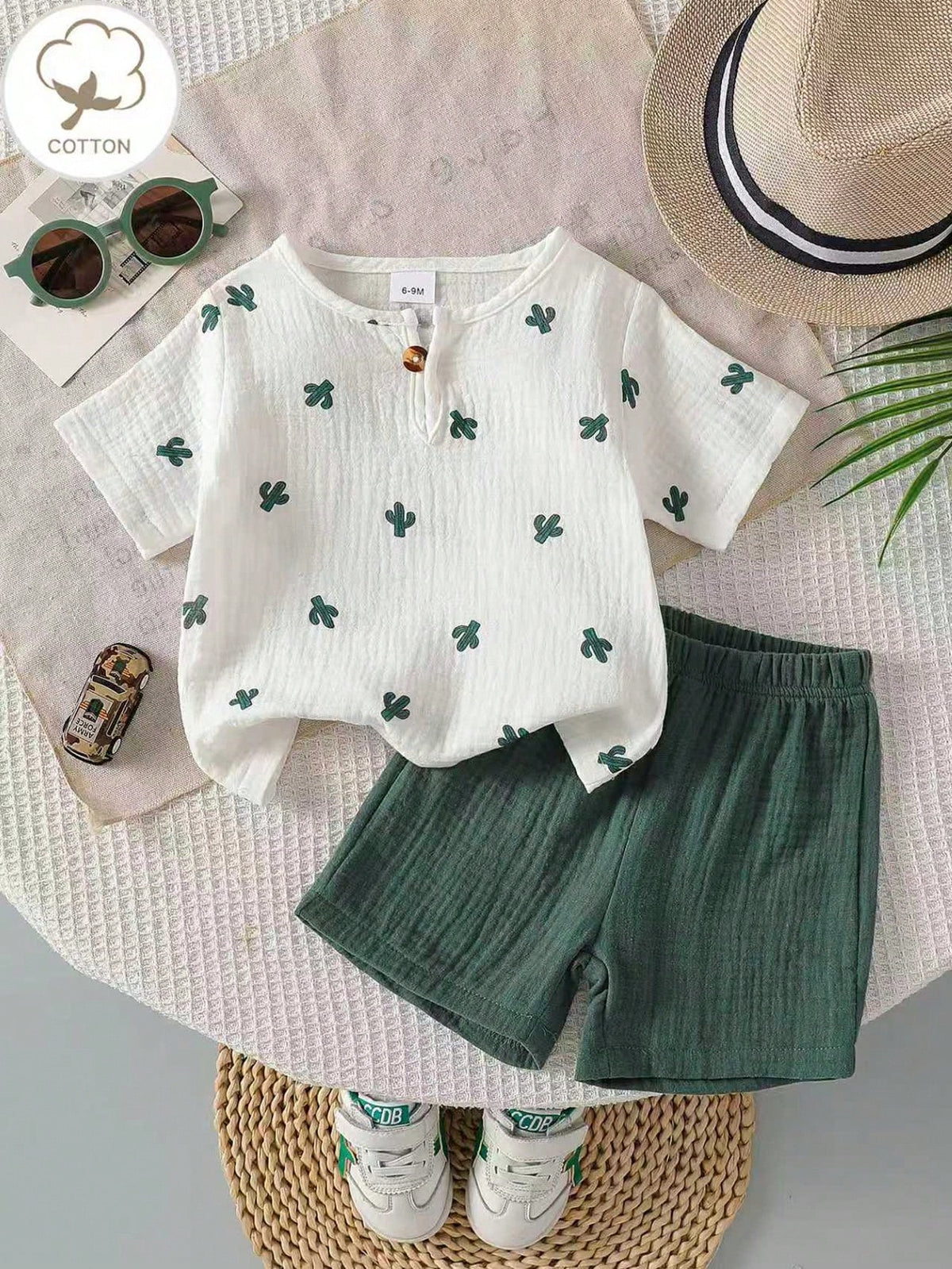 Boys Cactus Print Crepe Henley Tee & Shorts Set - Ivory