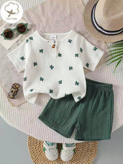 Boys Cactus Print Crepe Henley Tee & Shorts Set - Ivory