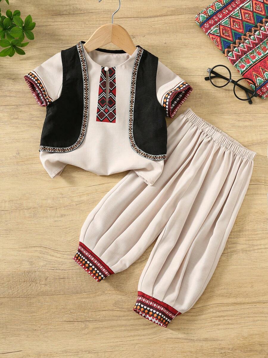 3pcs Boys Geometric Embroidered Vest, Shirt & Trouser Set - Isabelline