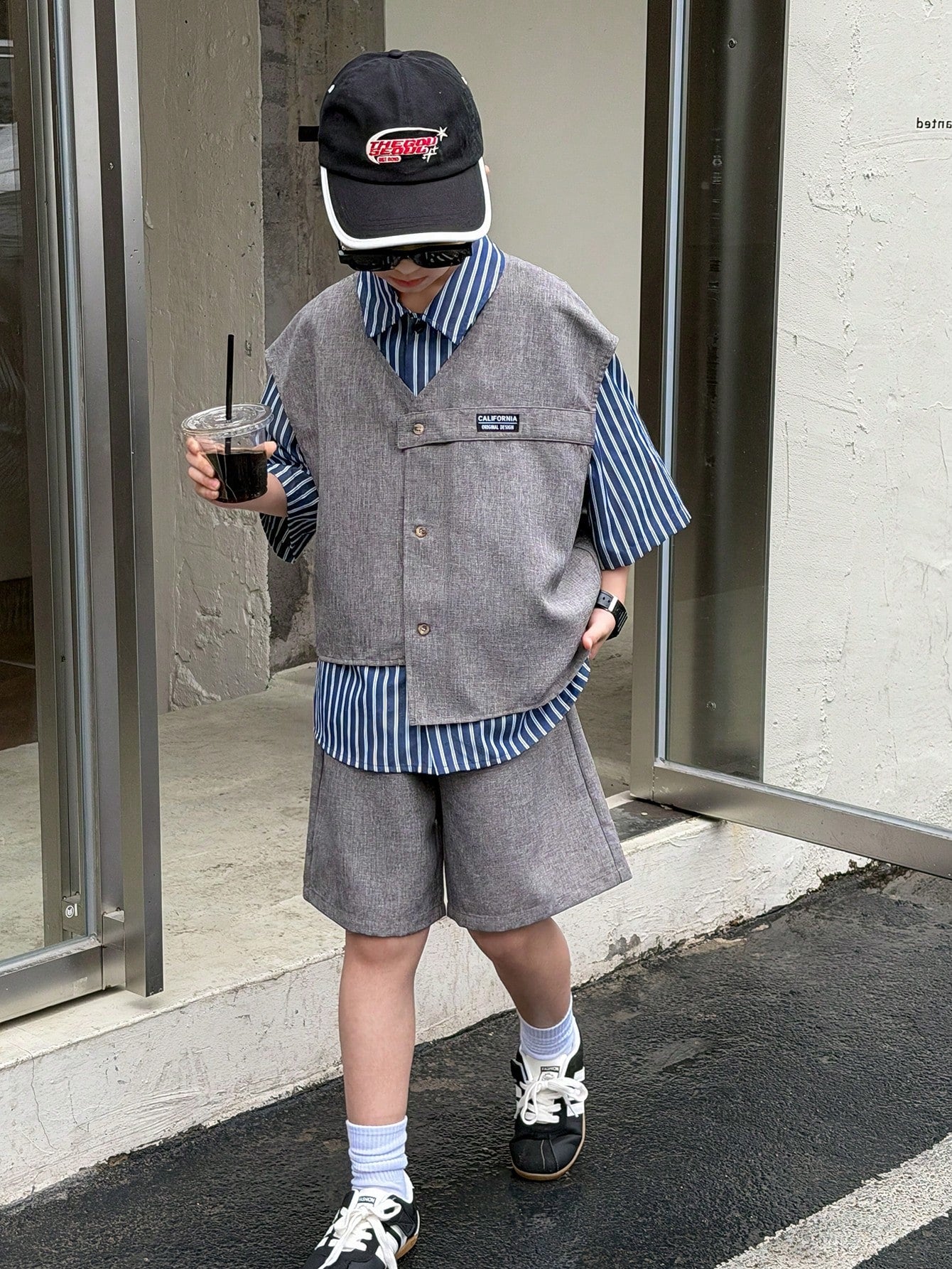3pcs Boys Cardigan & Striped Tee Set - Cerulean