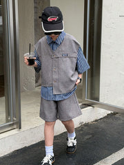 3pcs Boys Cardigan & Striped Tee Set - Cerulean