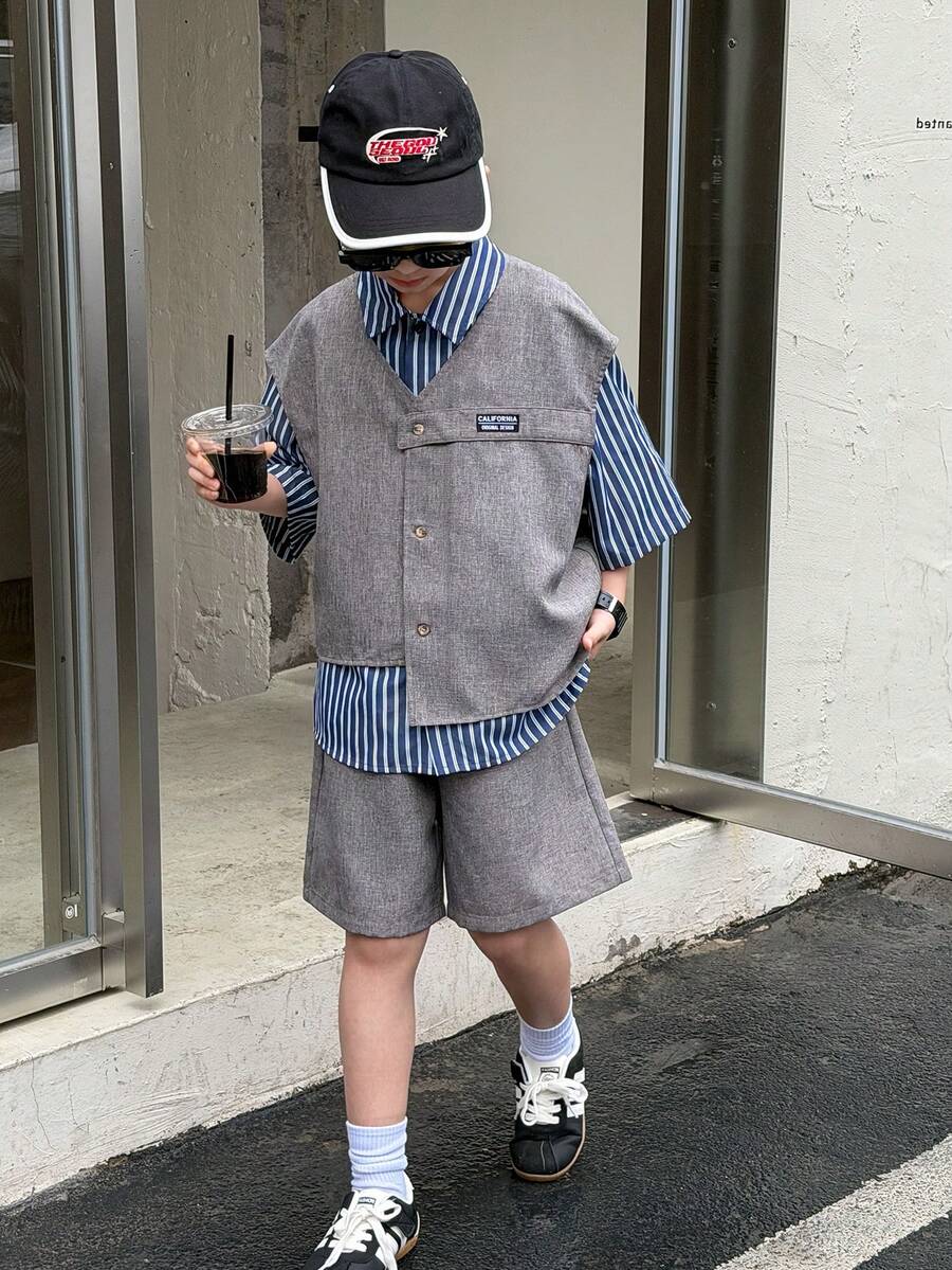 3pcs Boys Cardigan & Striped Tee Set - Cerulean