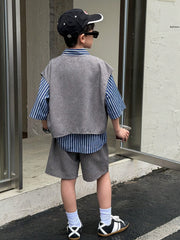 3pcs Boys Cardigan & Striped Tee Set - Cerulean