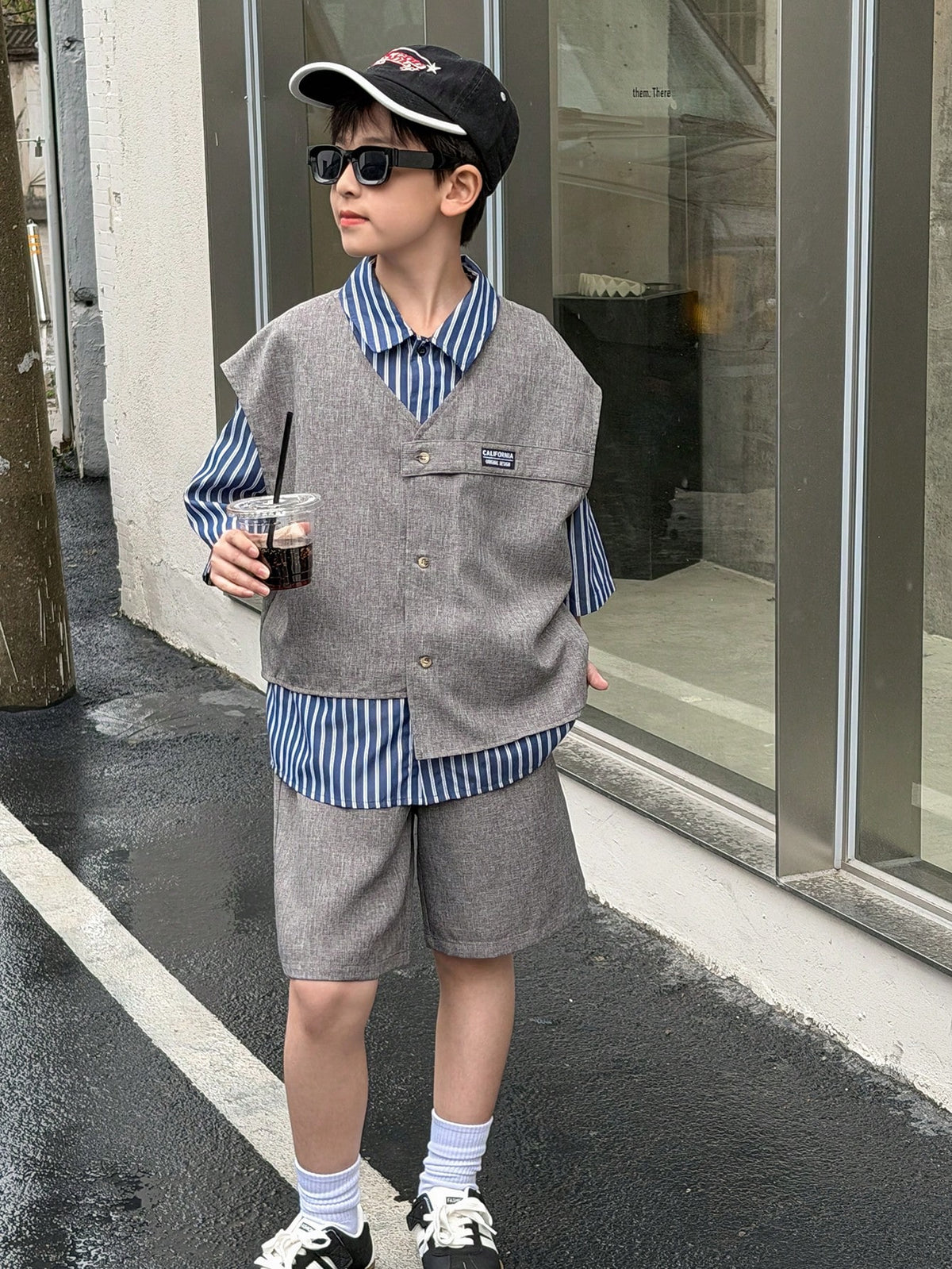 3pcs Boys Cardigan & Striped Tee Set - Cerulean