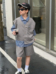 3pcs Boys Cardigan & Striped Tee Set - Cerulean