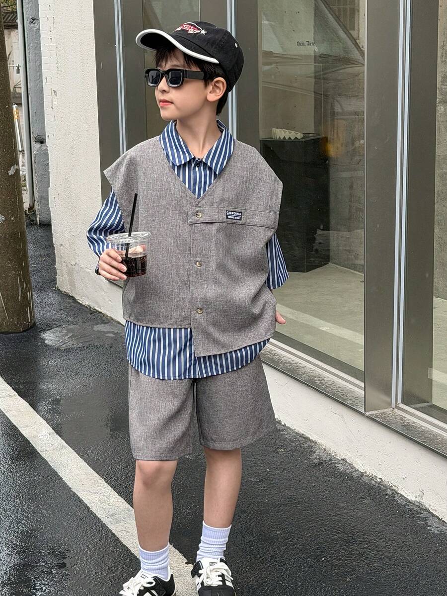 3pcs Boys Cardigan & Striped Tee Set - Cerulean