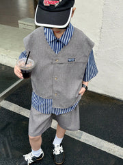 3pcs Boys Cardigan & Striped Tee Set - Cerulean