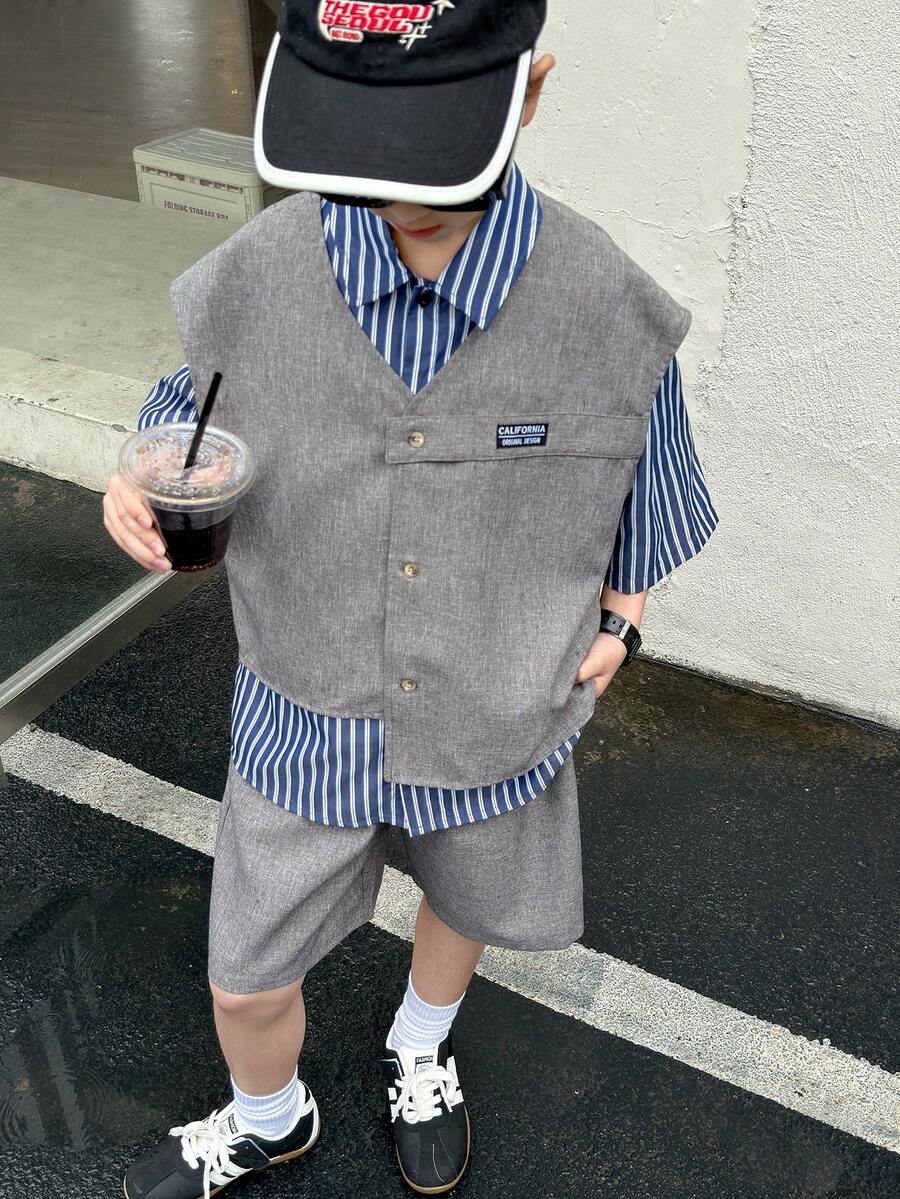 3pcs Boys Cardigan & Striped Tee Set - Cerulean