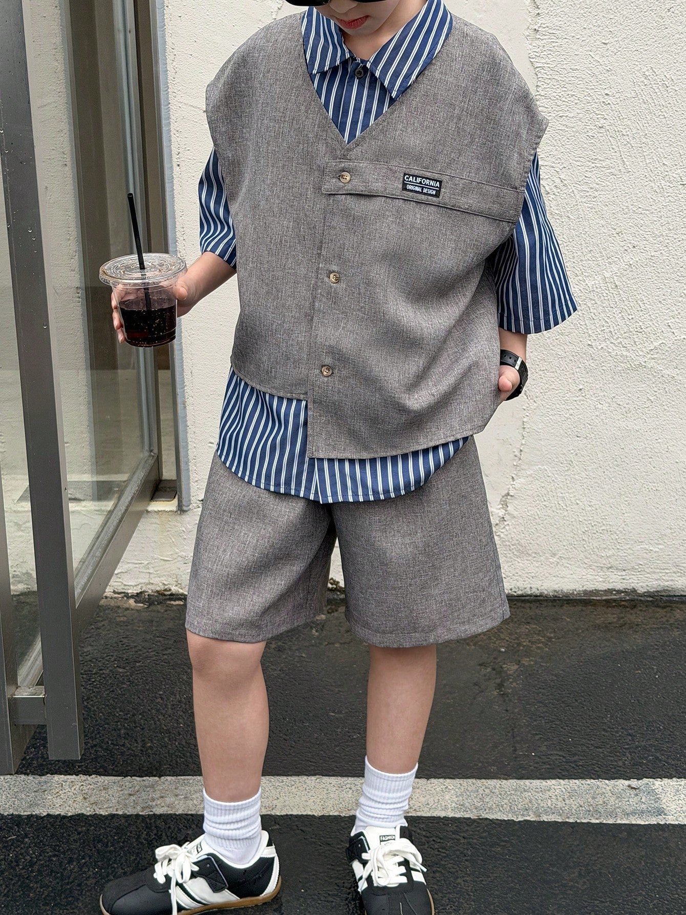 3pcs Boys Cardigan & Striped Tee Set - Cerulean