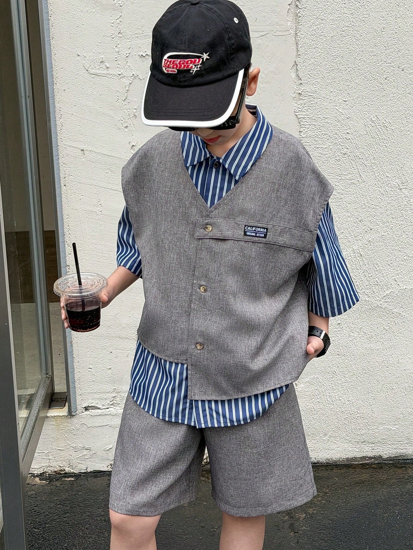 3pcs Boys Cardigan & Striped Tee Set - Cerulean