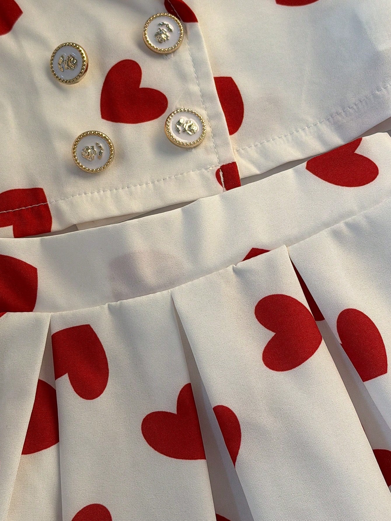2pcs Girls Heart Print Lapel Top & Pleated Skirt Set - Ivory | 21 C...