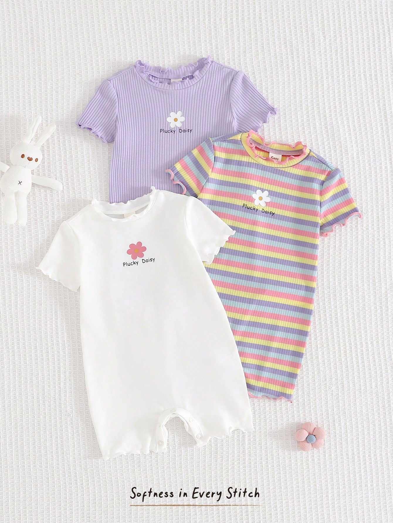 Girls Daisy Ribbed Knit Romper Set - Lavender
