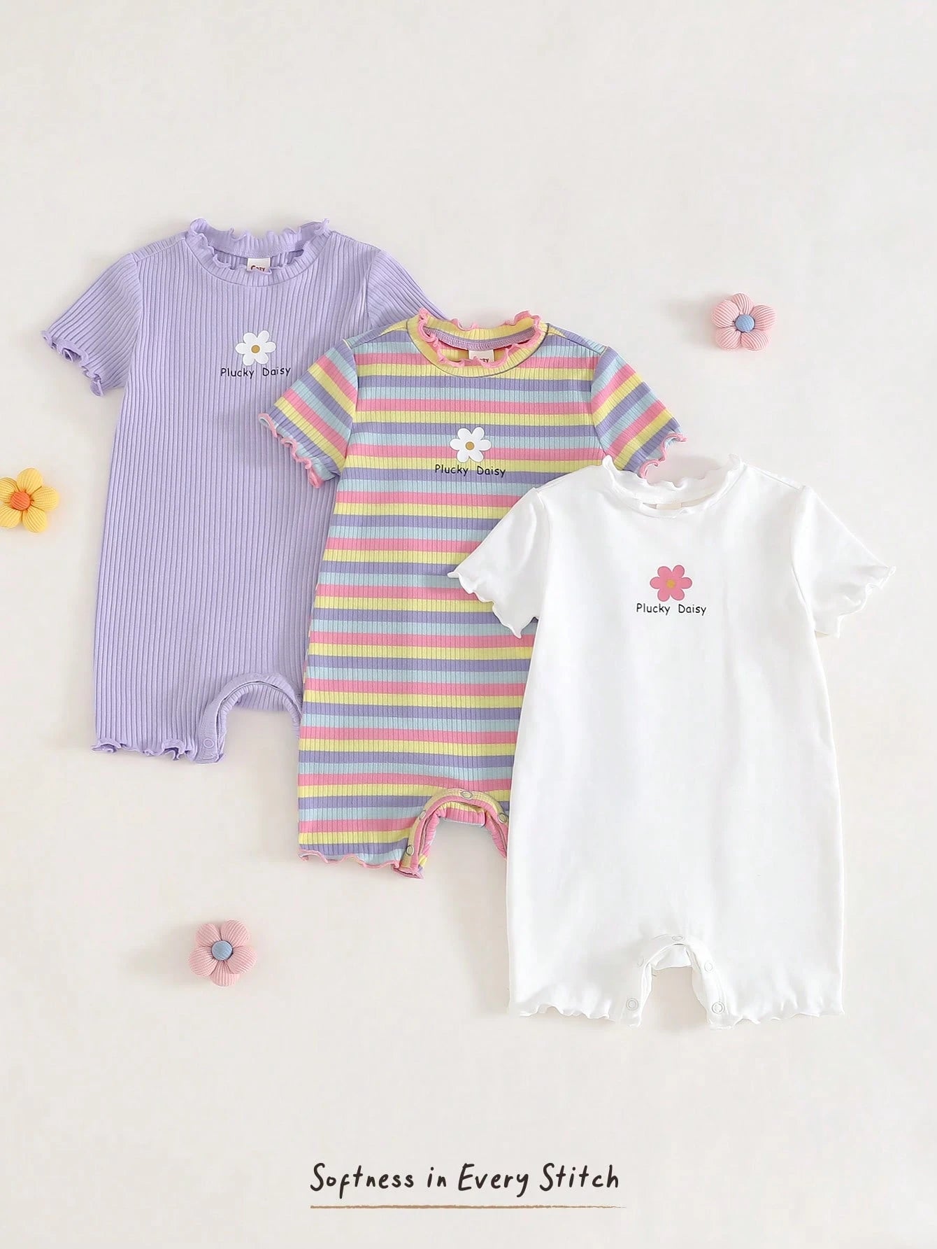 Girls Daisy Ribbed Knit Romper Set - Lavender