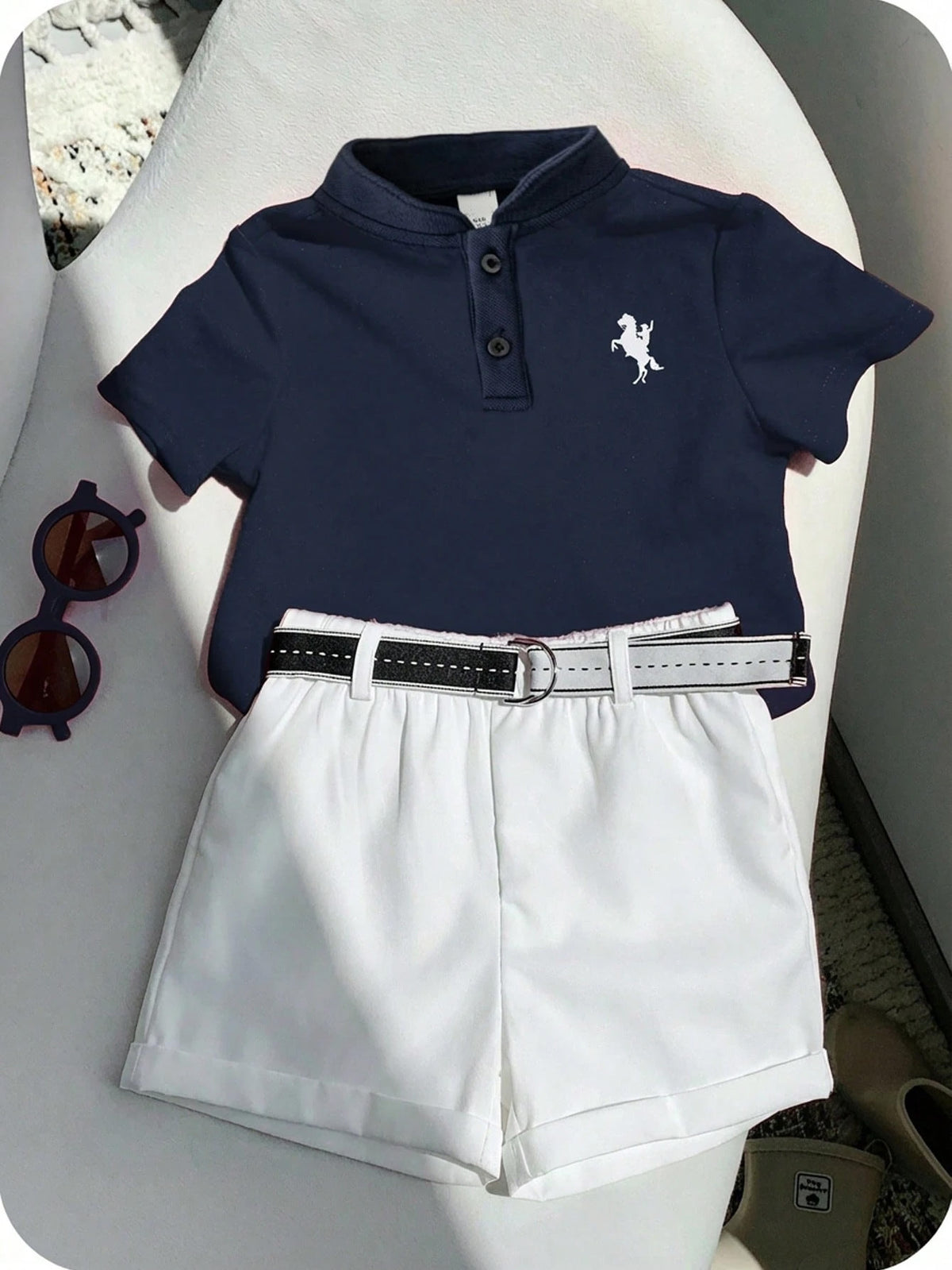 2pcs Boys Piqué Polo & Belted Shorts Set - Midnight