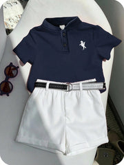 2pcs Boys Piqué Polo & Belted Shorts Set - Midnight