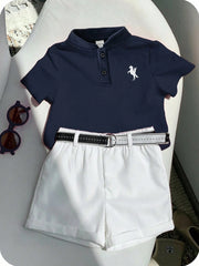 2pcs Boys Piqué Polo & Belted Shorts Set - Midnight