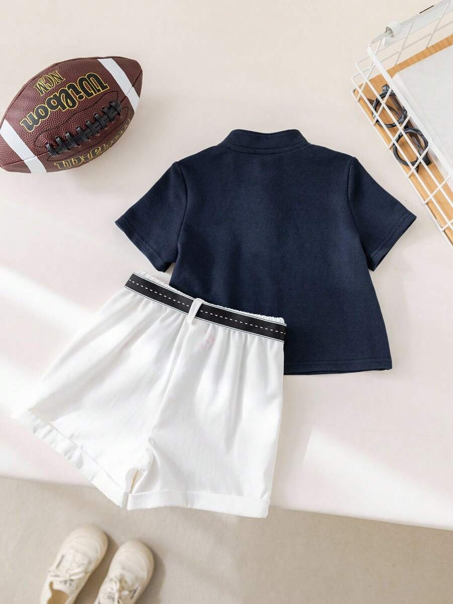 2pcs Boys Piqué Polo & Belted Shorts Set - Midnight