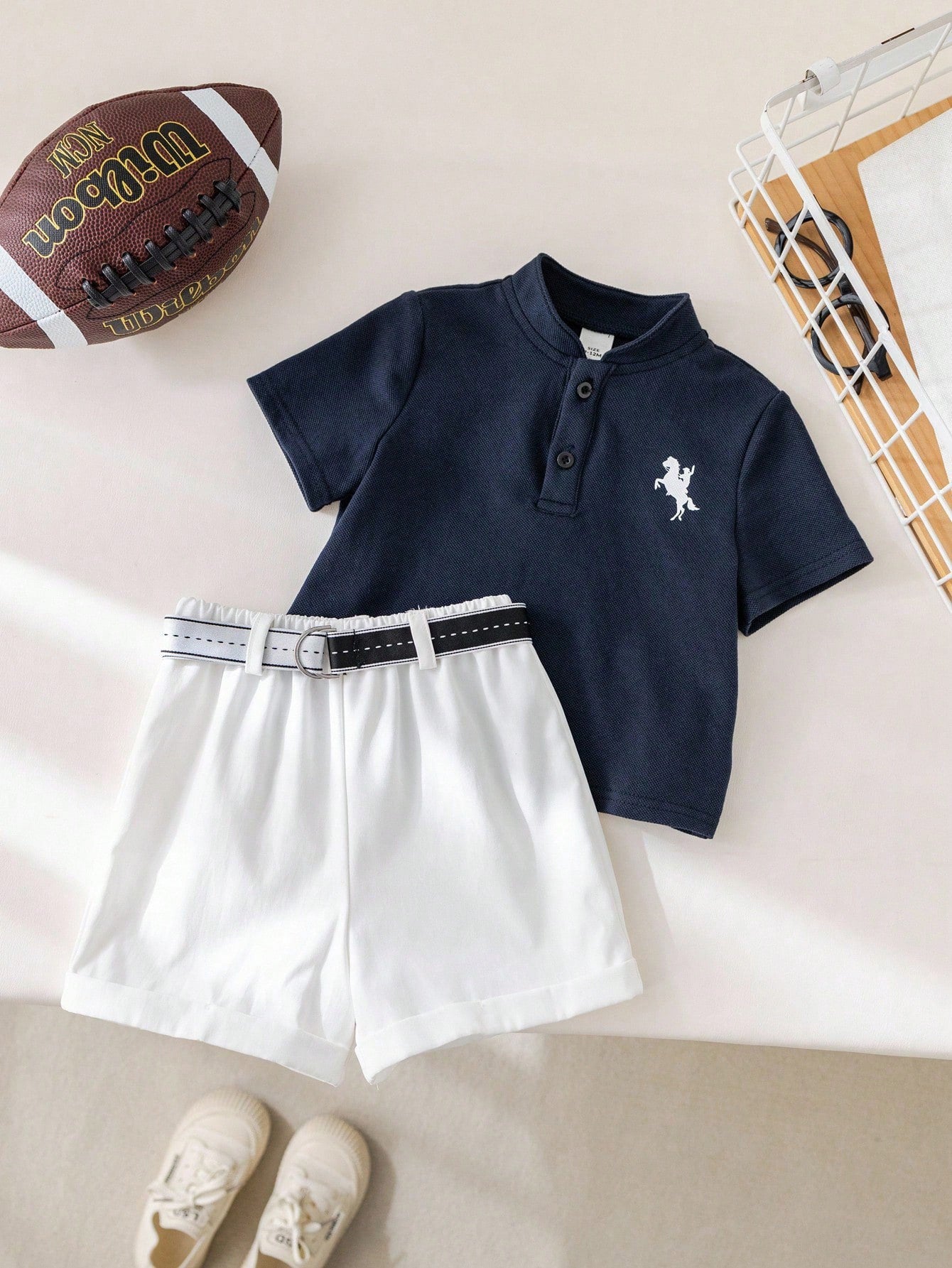 2pcs Boys Piqué Polo & Belted Shorts Set - Midnight