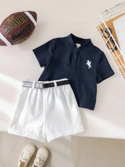 2pcs Boys Piqué Polo & Belted Shorts Set - Midnight