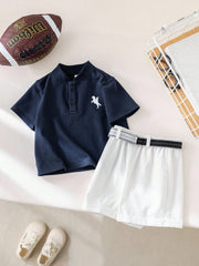 2pcs Boys Piqué Polo & Belted Shorts Set - Midnight