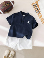 2pcs Boys Piqué Polo & Belted Shorts Set - Midnight